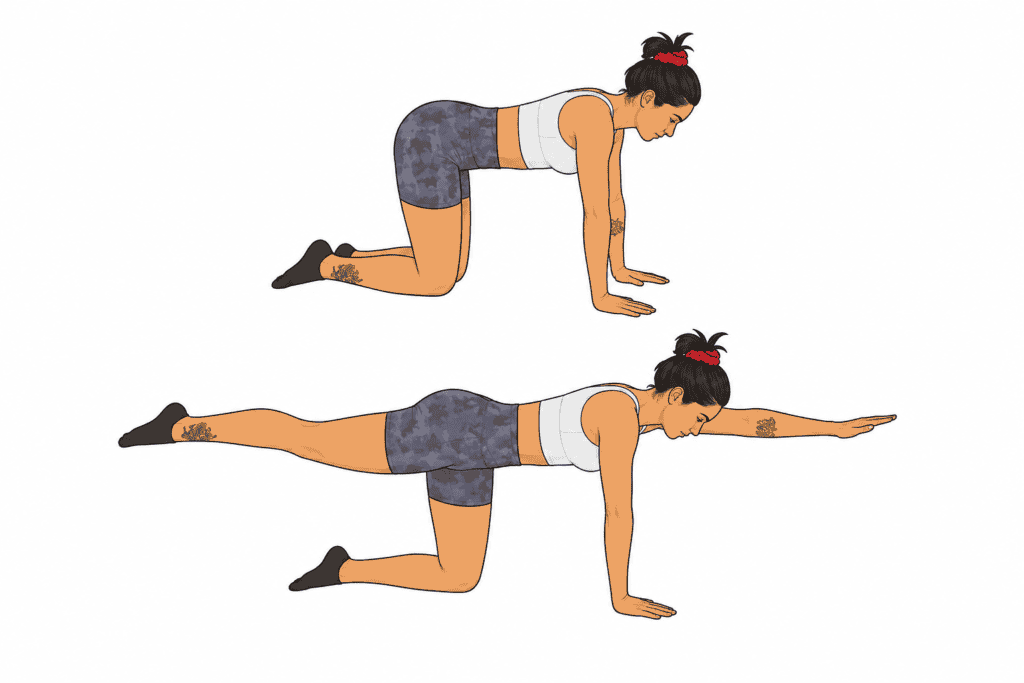 Bird dog exercise with opposite arm and leg extended on all fours, a core stability move for herniated disc