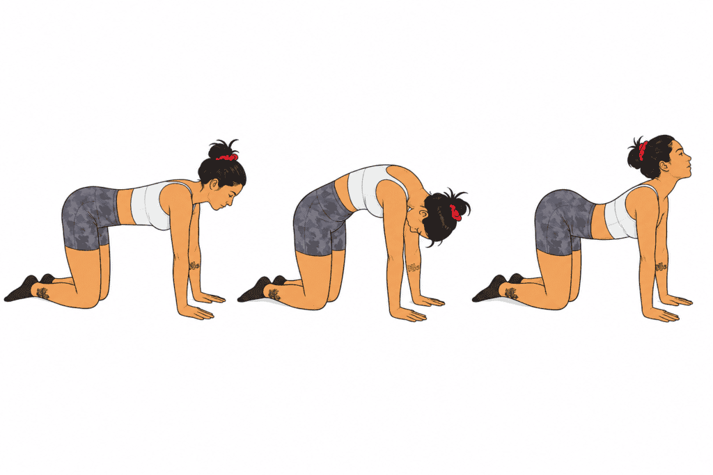 Cat-cow exercise shown in three phases on all fours, mobilizing the spine for herniated disc relief