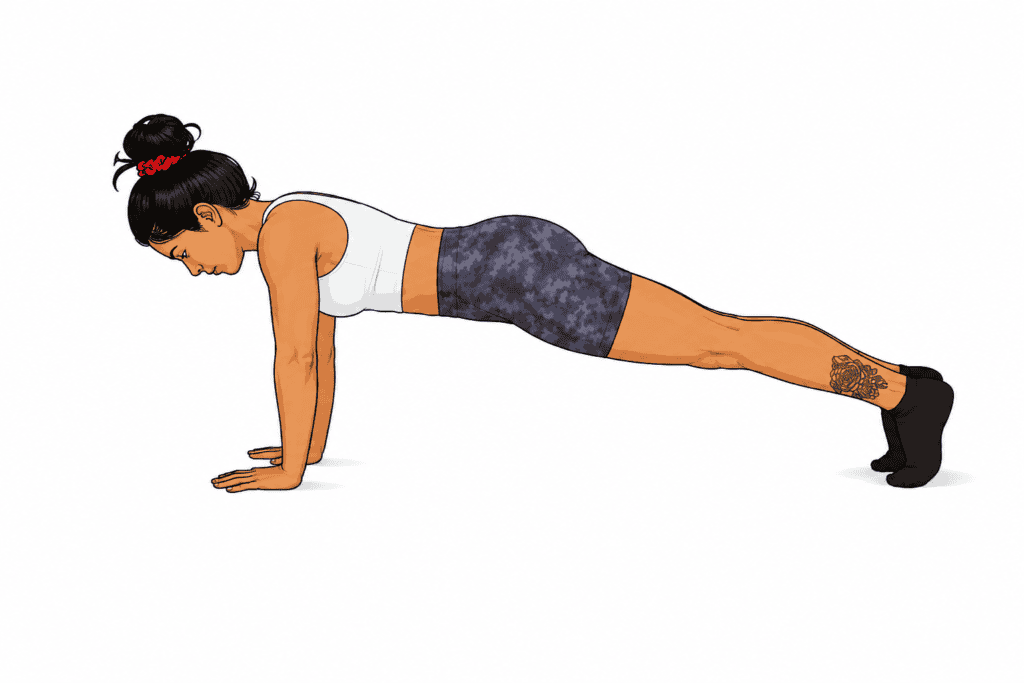 Full plank hold in a straight line from head to heels, a core bracing exercise for L4/L5 disc support
